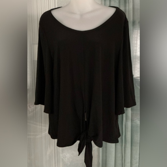 Premise Tops - black women's top with bell sleeves and a tie-front hem